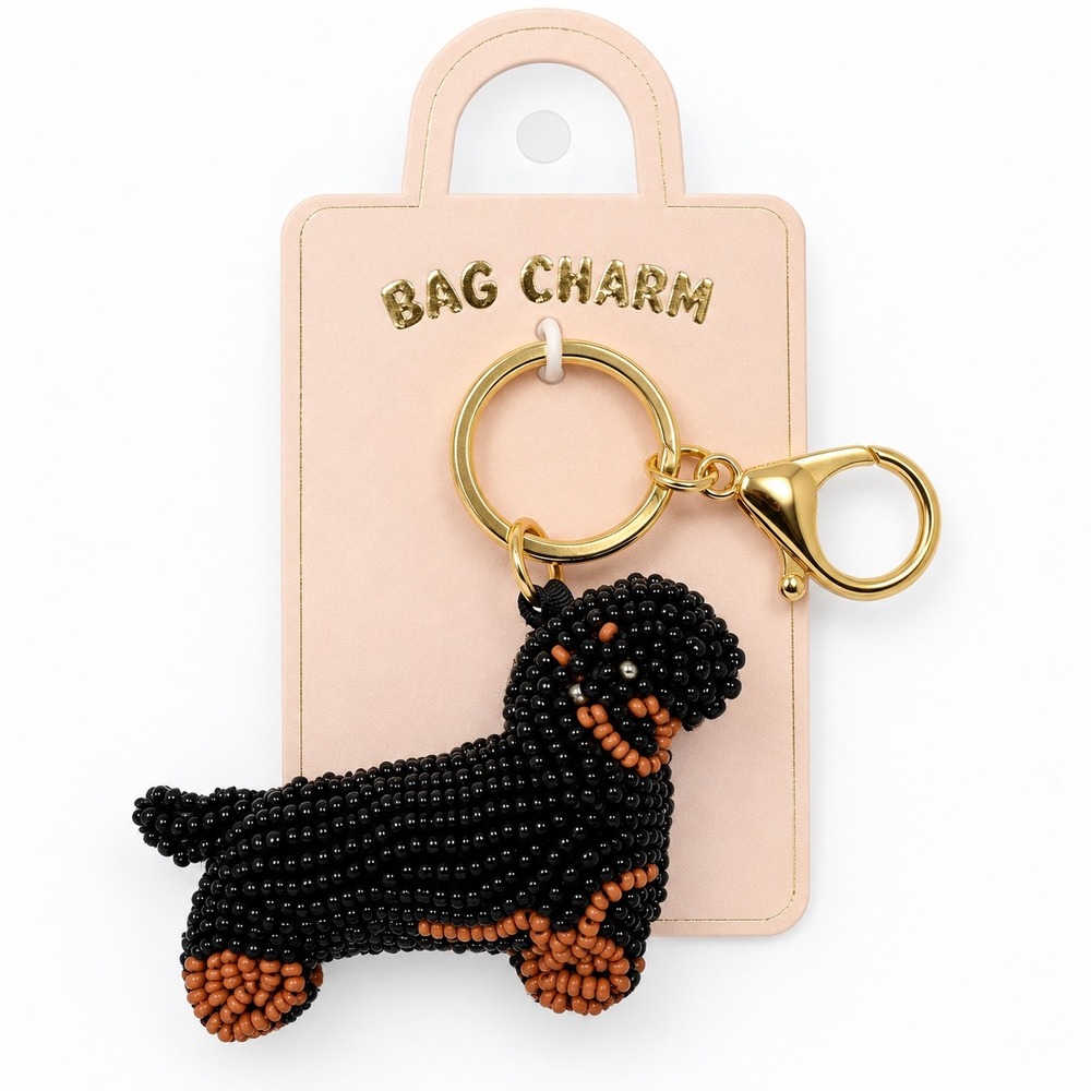 Anthropologie Beaded Dachshund Dog Bag Charm Keychain Black Brown NWT